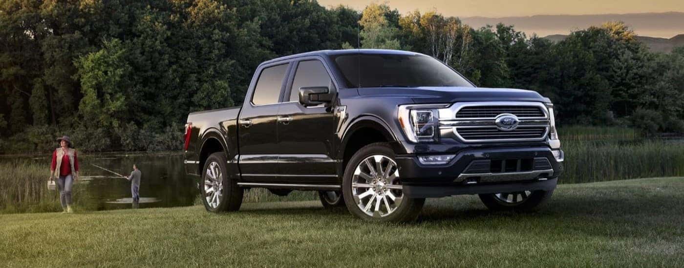 A black 2023 Ford F-150 XLT is shown parked near a pond.