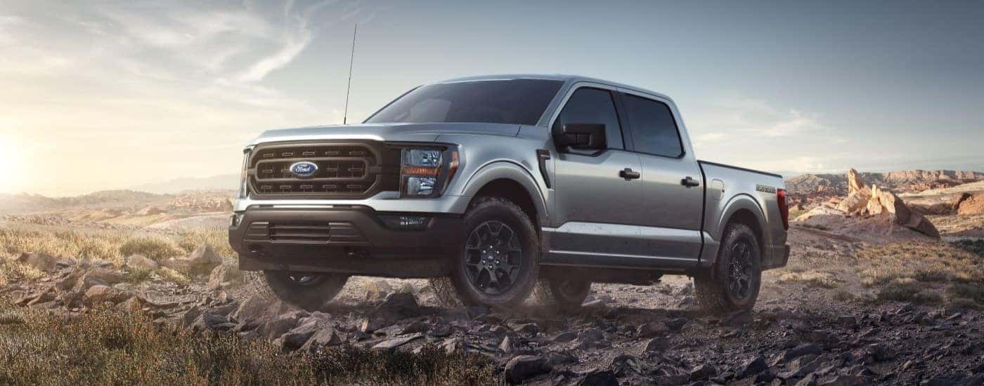 A silver 2023 Ford F-150 Rattler is shown from the front at an angle.