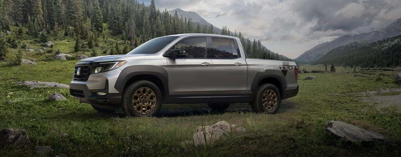 Grey 2023 Honda Ridgeline HPD parked in the forrest.
