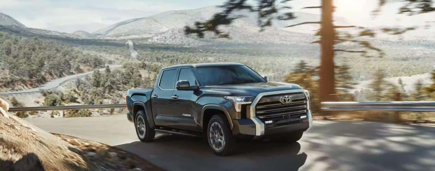 A black 2023 Toyota Tundra Limited driving by a tree.