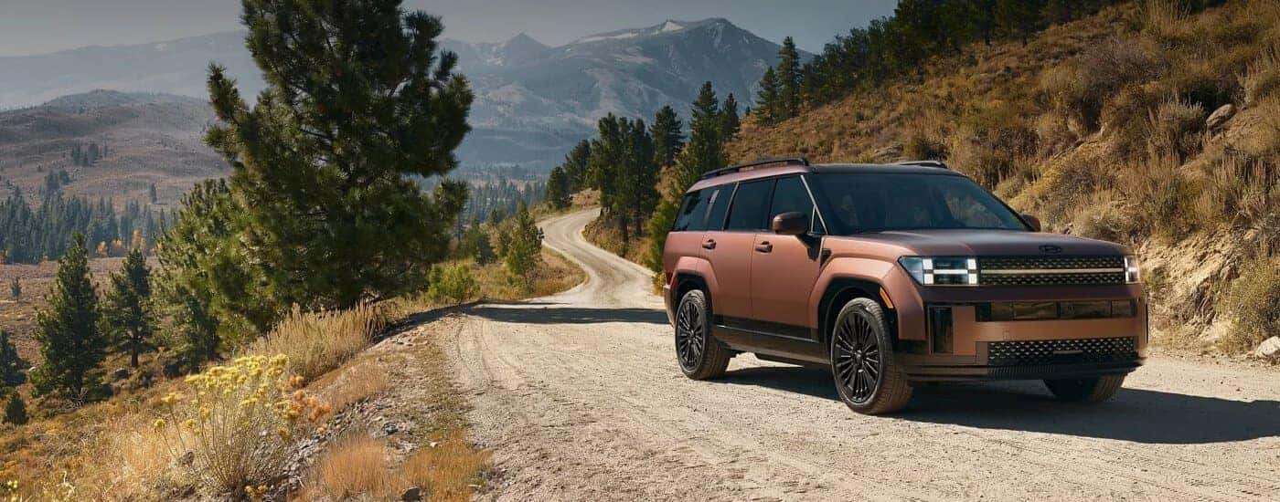 Brown 2025 Hyundai Santa Fe driving on a dirt trail.