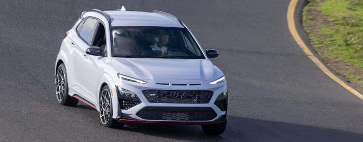 A white 2022 Hyundai Kona N is shown from the front at an angle.