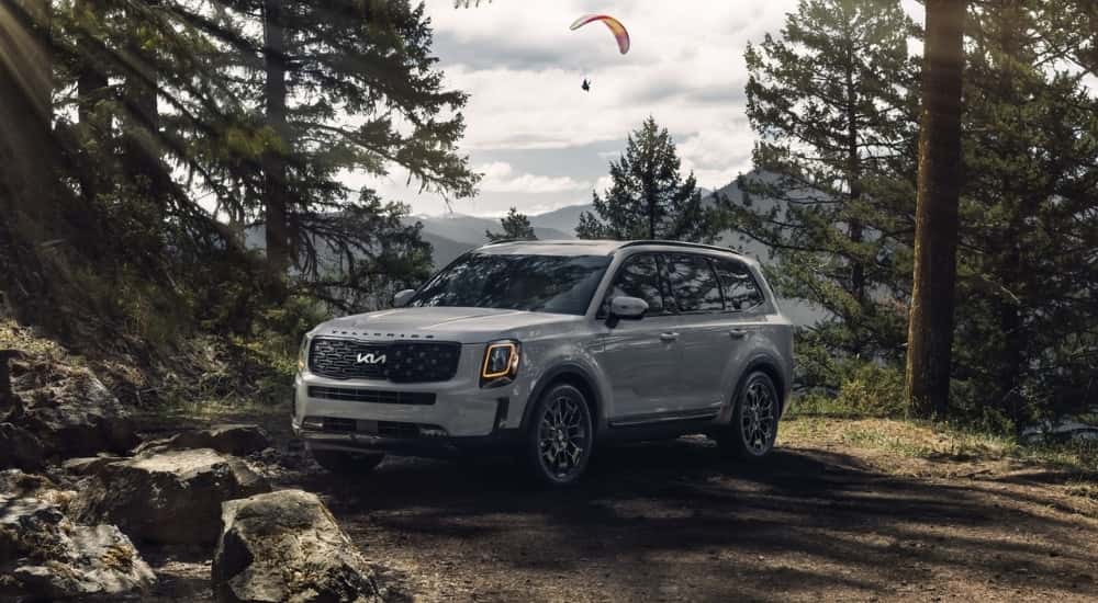 A gray 2022 Kia Telluride parked in a forest at a clearing.