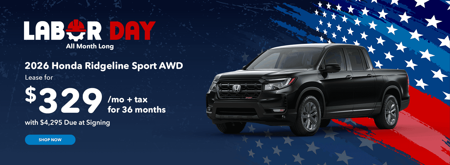 2026 Honda Ridgeline Sport AWD Lease for $329/mo plus tax for 39 months with $4,295 due at signing