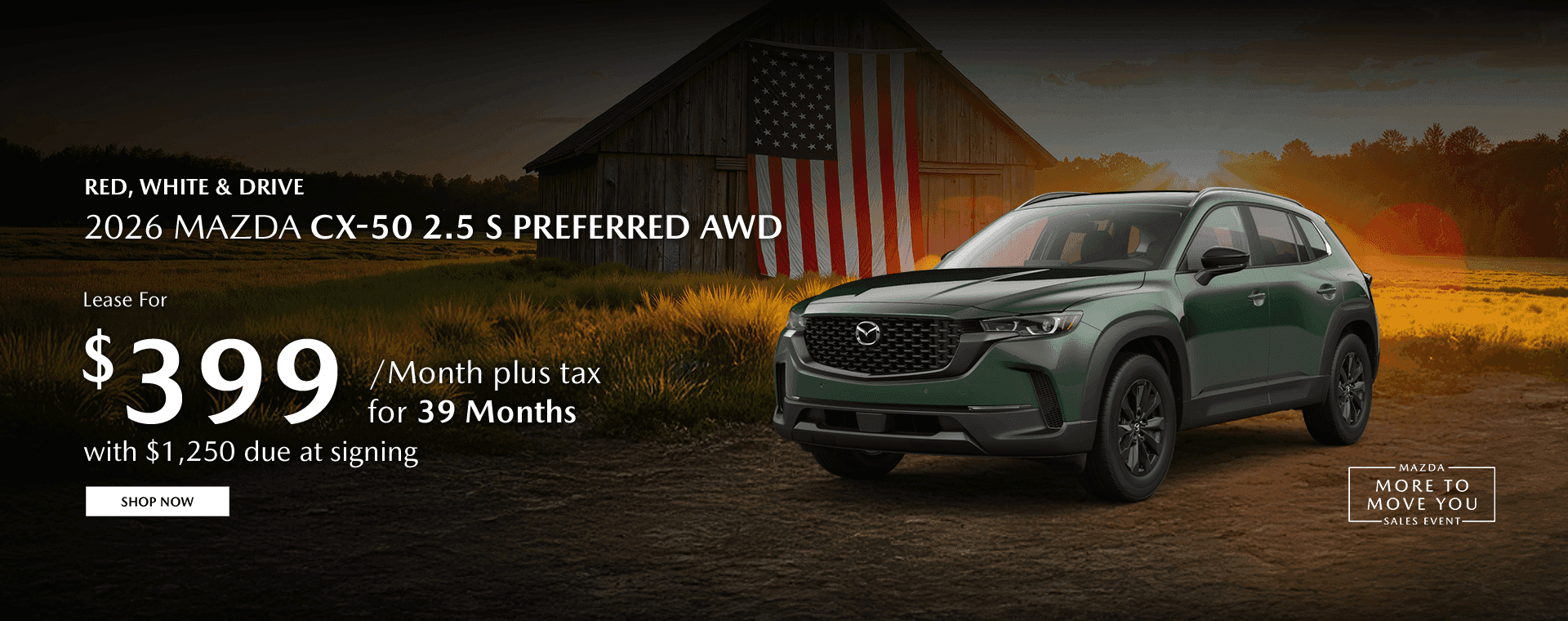 2026 Mazda CX-50 2.5 S Preferred AWD Lease for $399/mo plus tax for 39 months with $1,250 due at signing