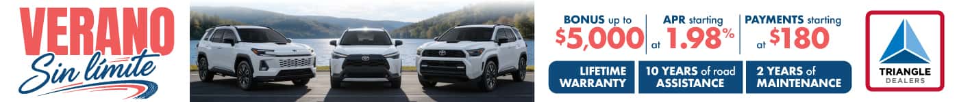 Verano Sin Limite en Kennedy Toyota: bono de $5,000, APR desde 1.98%, pagos desde $180, garantia de por vida, 10 años de asistencia en carretera y 2 años de mantenimiento en modelos Toyota 2026 seleccionados.