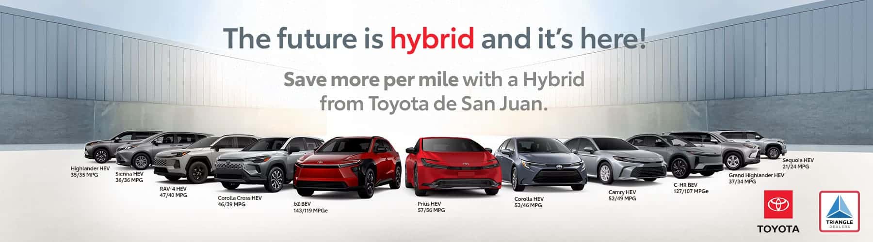 Explore Toyota hybrid vehicles at Triangle Toyota de San Juan and save more on every mile. Shop fuel-efficient hybrid SUVs, sedans, and crossovers that deliver advanced technology, lower fuel costs, and outstanding reliability for Puerto Rico drivers.