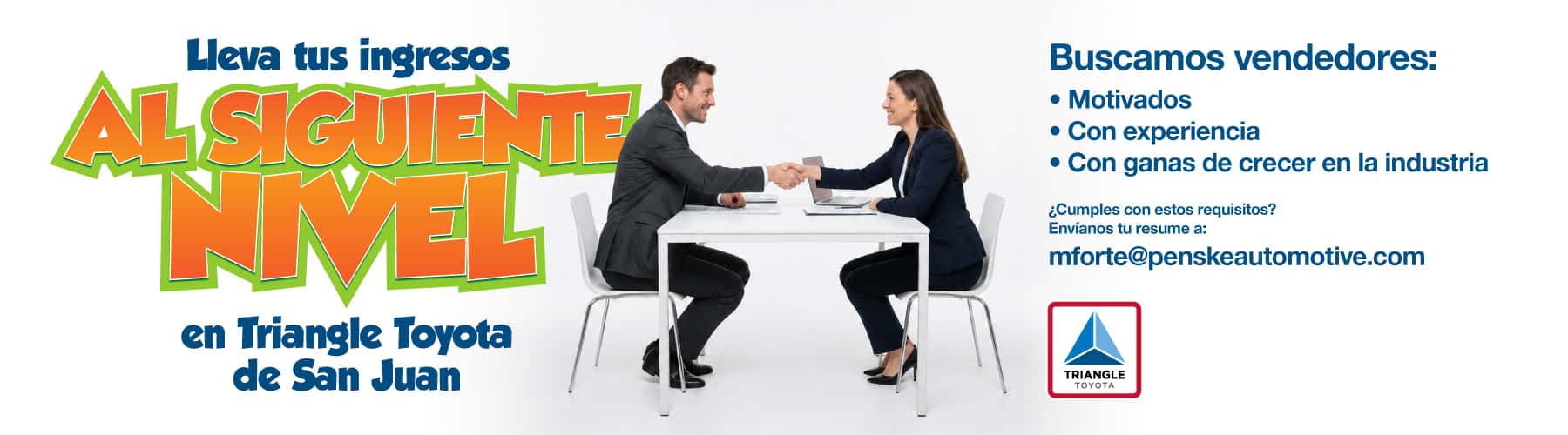 Oportunidad de empleo para vendedores en Triangle Toyota de San Juan. Buscamos candidatos motivados, con experiencia y deseos de crecer en la industria automotriz.