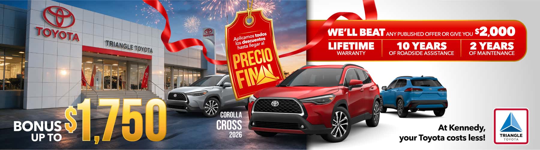 Toyota de San Juan – Oferta Toyota Corolla Cross 2026 con bono de hasta $1,750, garantía de por vida, 10 años de asistencia en carretera y 2 años de mantenimiento. Toyota de San Juan – 2026 Toyota Corolla Cross special offer with up to $1,750 bonus, lifetime warranty, 10 years of roadside assistance and 2 years of maintenance.