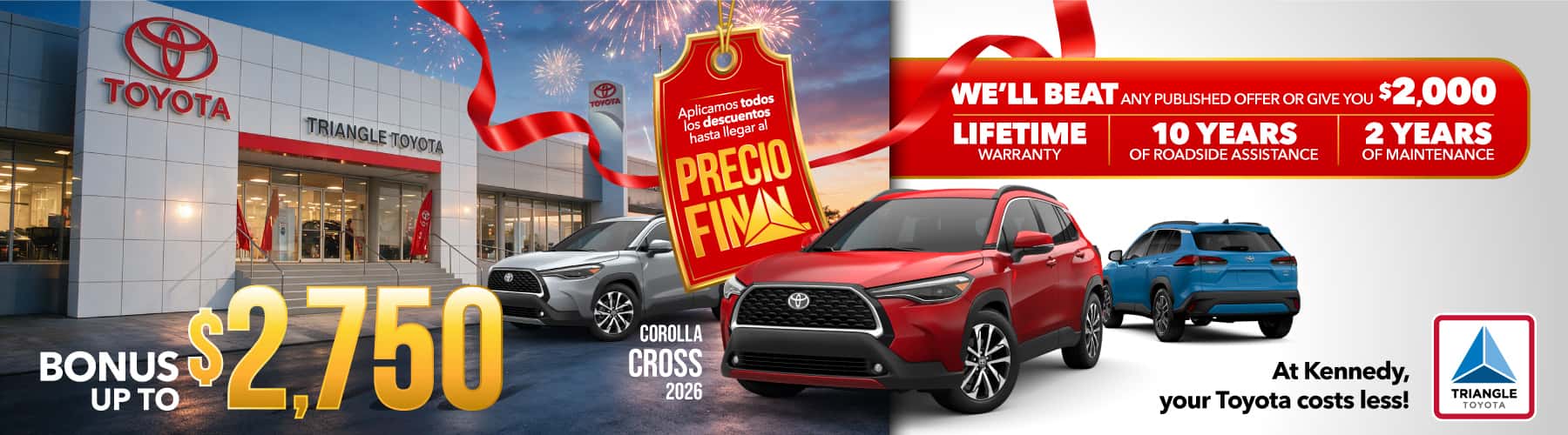 Toyota Corolla Cross 2026 en Triangle Toyota de San Juan, Puerto Rico, con bono de hasta $2,750 en modelos de gasolina y promoción Precio Final con descuentos aplicados. Toyota Corolla Cross 2026 at Triangle Toyota de San Juan, Puerto Rico, featuring up to $2,750 bonus on gasoline models and Final Price promotion with discounts already applied.