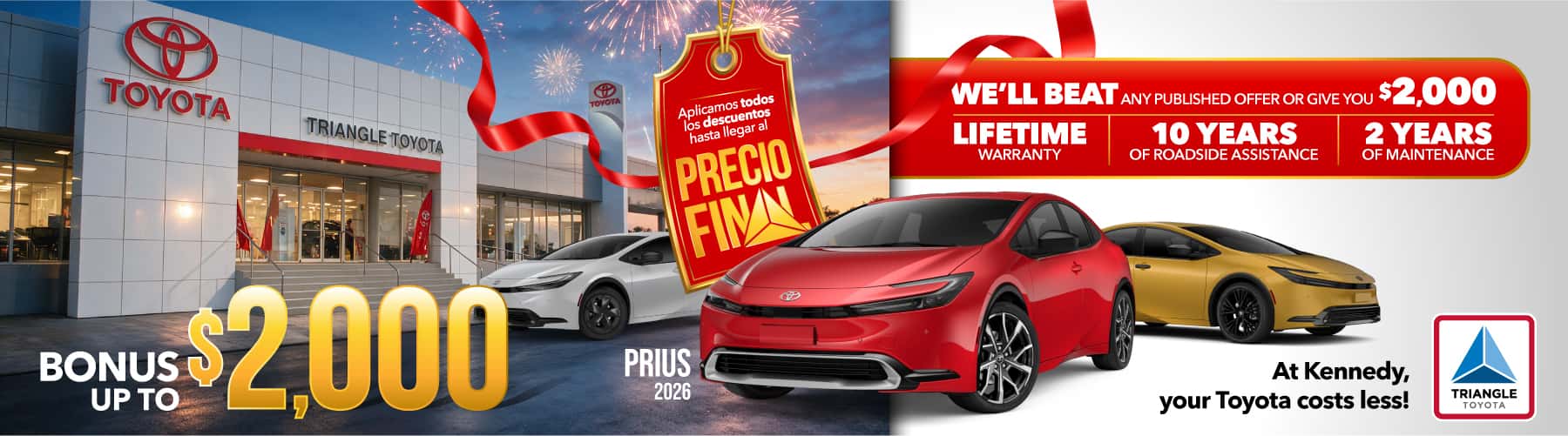 Toyota de San Juan – Oferta Toyota Prius 2026 con bono de hasta $2,000, garantía de por vida, 10 años de asistencia en carretera y 2 años de mantenimiento. Toyota de San Juan – 2026 Toyota Prius special offer with up to $2,000 bonus, lifetime warranty, 10 years of roadside assistance and 2 years of maintenance.