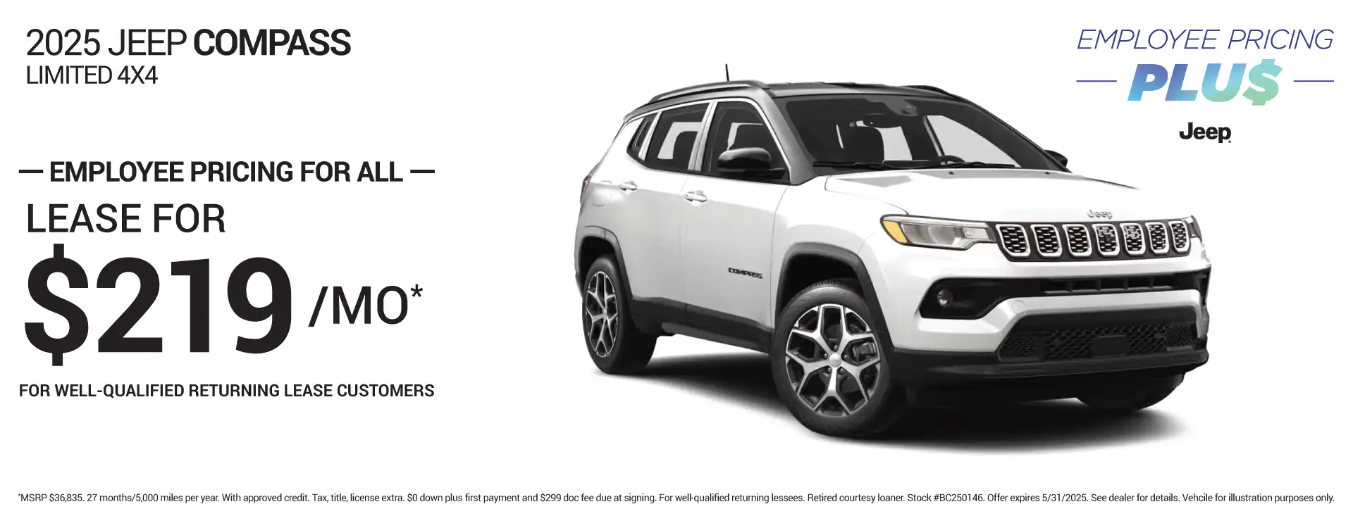 2025 JEEP COMPASS LIMITED #BC250146 - Lease for $219/month, 27 months/5,000 miles per year*