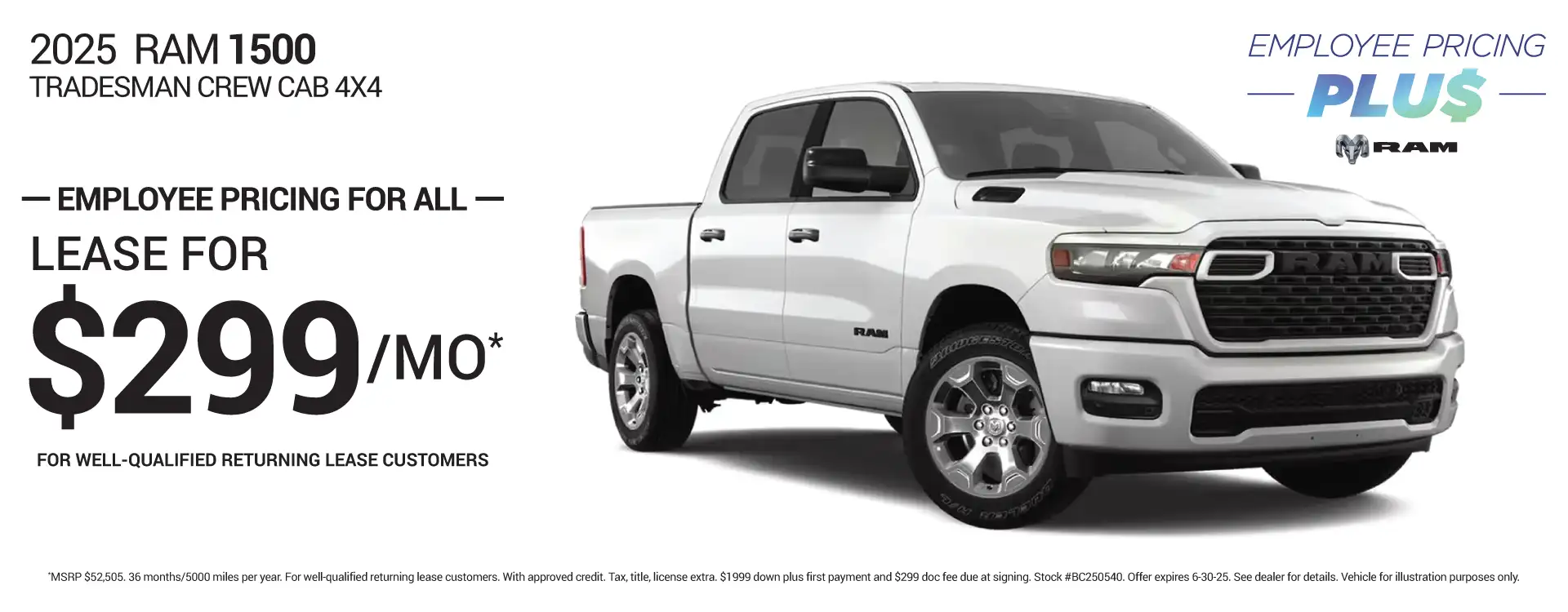 2025 RAM 1500 TRADESMAN #BC250540 - Lease for $299 per month for 36 months/5000 miles per year*
