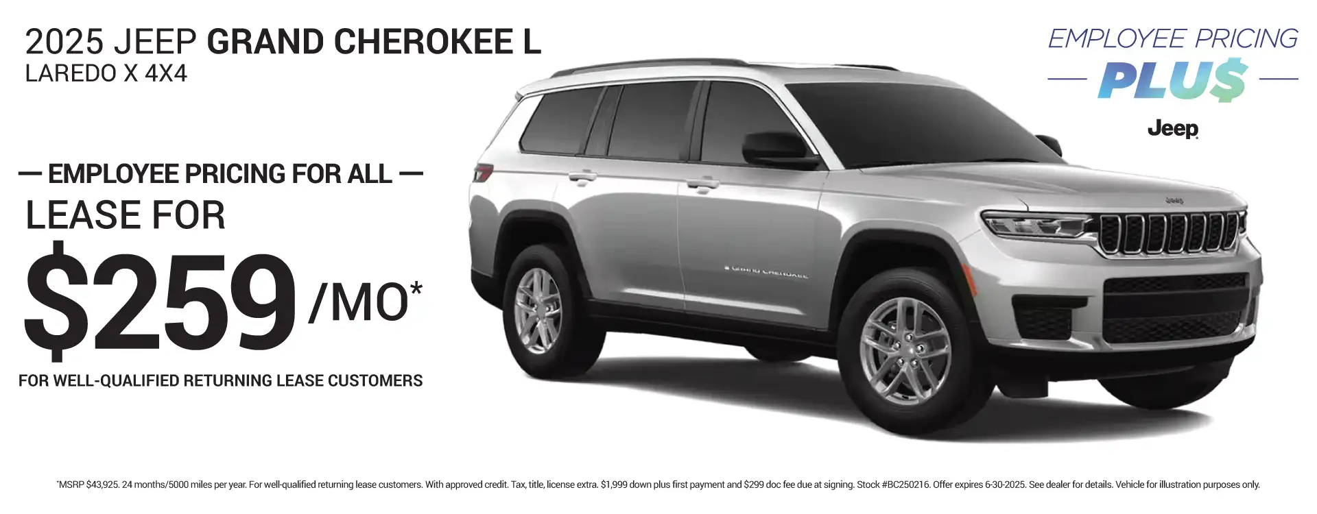 2025 JEEP GRAND CHEROKEE L #BC250216 - Lease for $259 per month for 24 months/5000 miles per year*