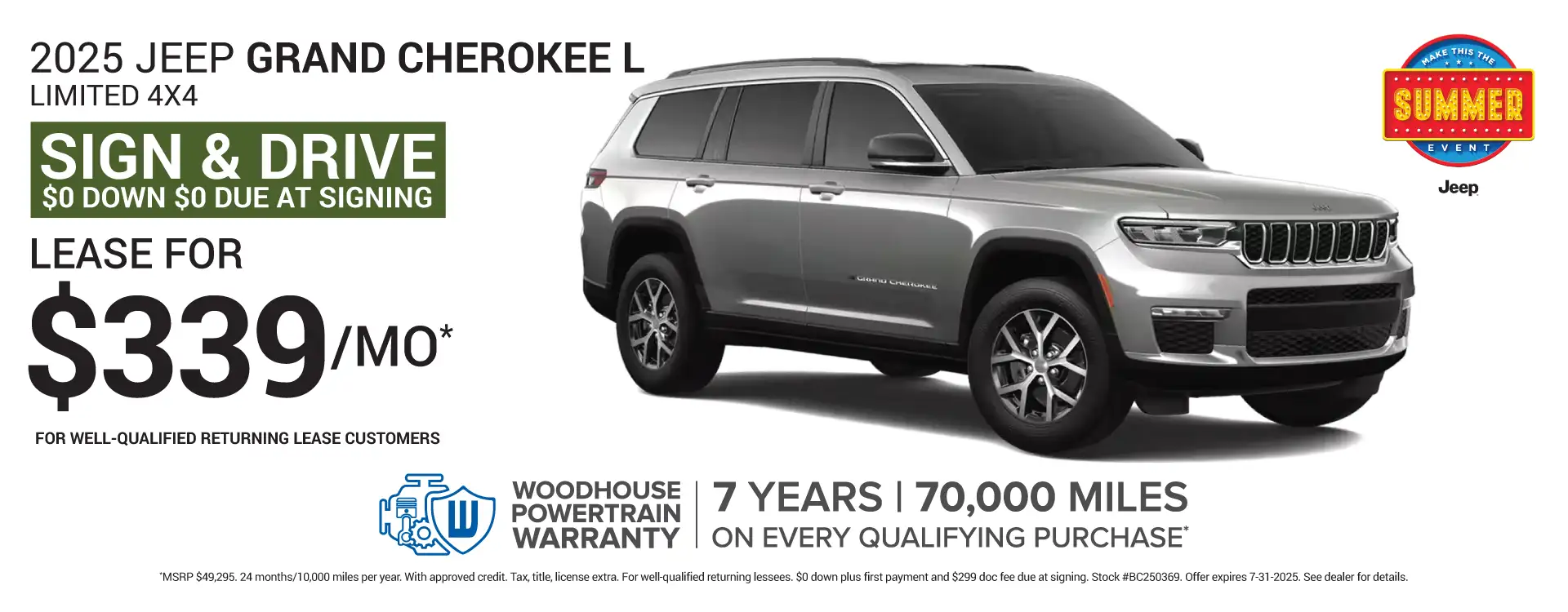 2025 Jeep Grand Cherokee L Limited # BC250369 - SIGN & DRIVE - Lease for $339 per month for 24 months/10,000 miles per year*