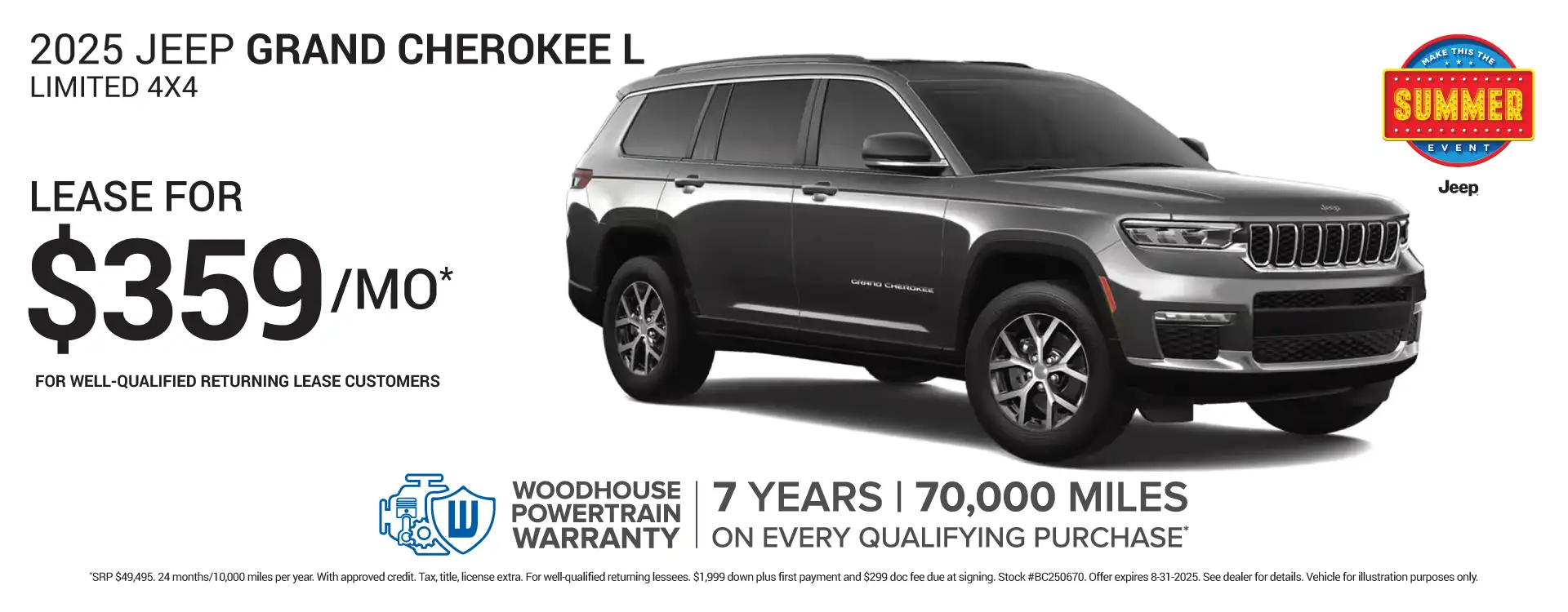 2025 Jeep Grand Cherokee L Limited 4x4 BC250670 - Lease for $359 per month for 24 months/10,000 miles per year*