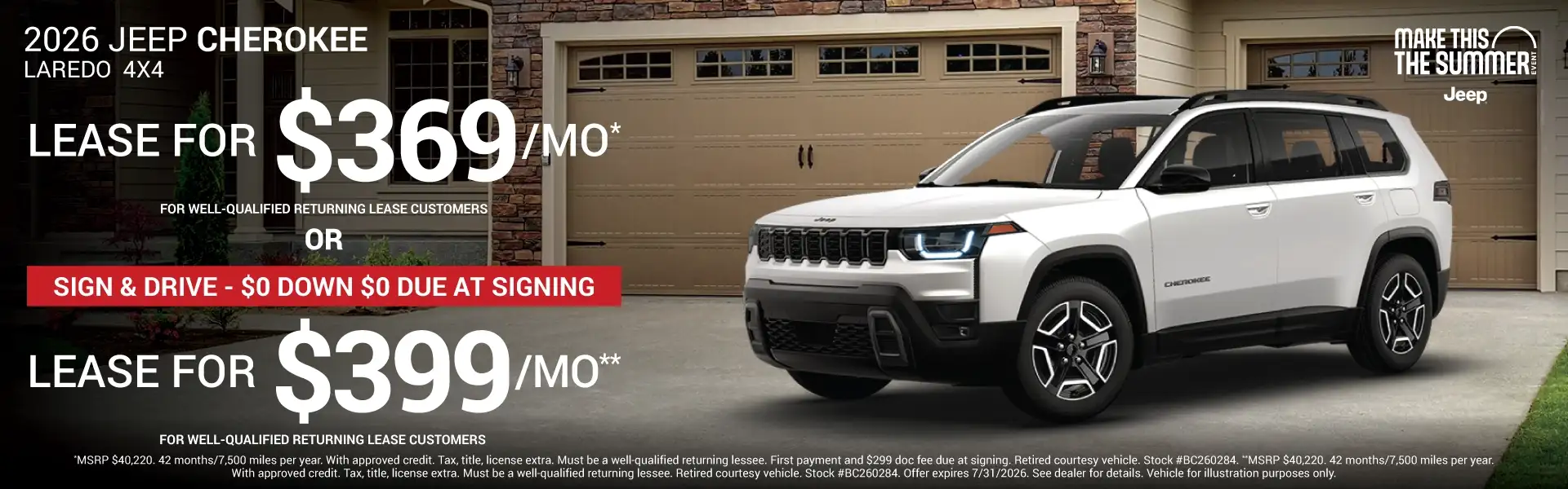 2026 Jeep Cherokee Laredo #BC260284 - Lease for $369/month* for 42 months/7,500 miles per year or SIGN & DRIVE - $0 DOWN $0 DUE AT SIGNING $399/month for 42 months/7,500 miles per year**