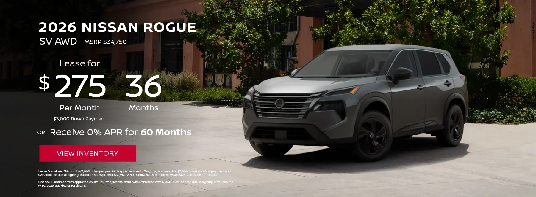 2026 Nissan Rogue SV - Lease for $275 Per Month OR Receive 0% APR for 60 Months