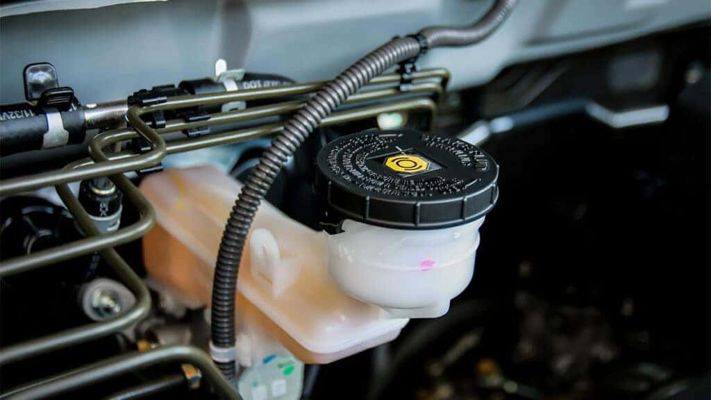 A vehicle's brake fluid reservoir.