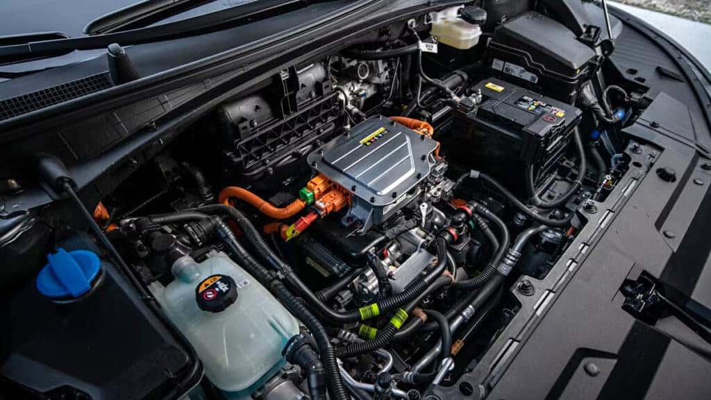 Under the hood of an electric vehicle.