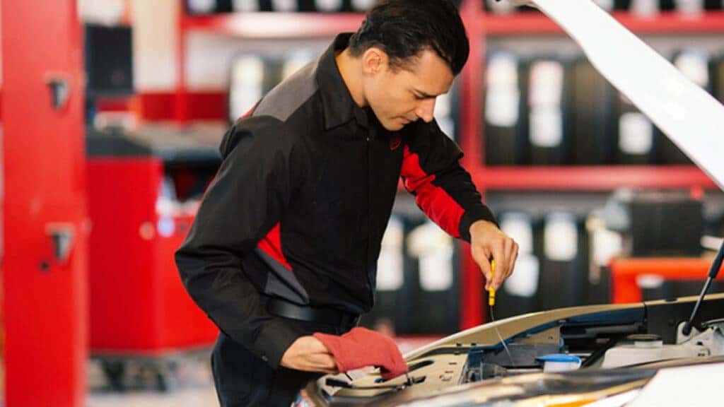A technician checking engine oil level.